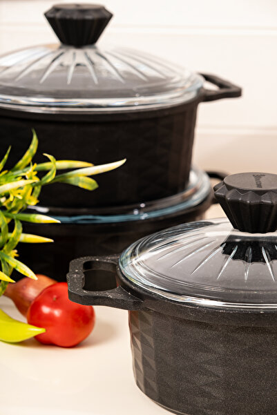 Skygo 7-Piece Black Granite Cast Pot Set - 6 mm Thick 27 cm