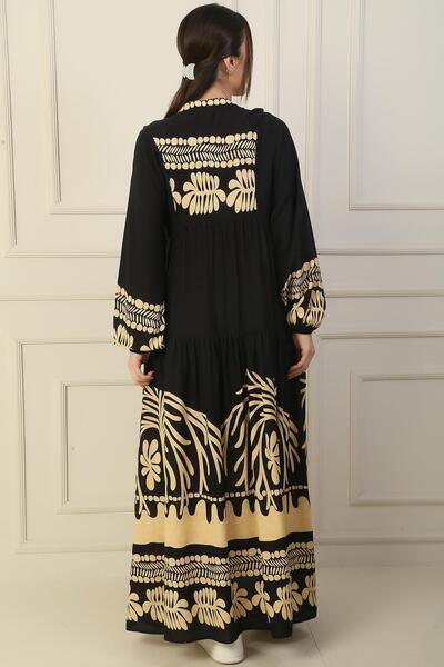 By Saygı Front Half Buttoned Elastic Sleeve Printed Hijab Long Dress