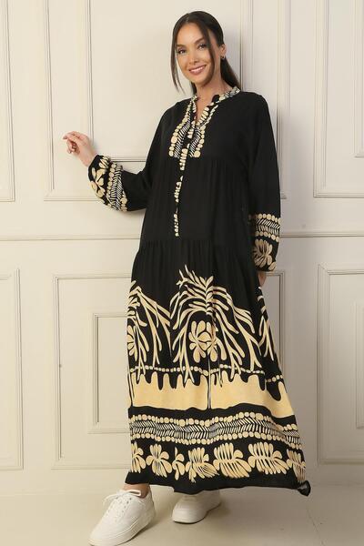 By Saygı Front Half Buttoned Elastic Sleeve Printed Hijab Long Dress