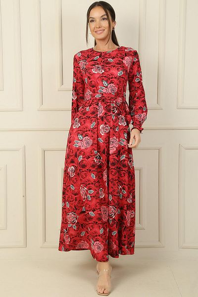 By Saygı Rose Print Seersucker Long Dress with Belted Waist and Sleeve Ends