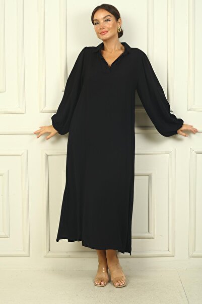 By Saygı Polo Neck Viscose Dress - Comfortable Fit, Elastic Sleeves and Pockets