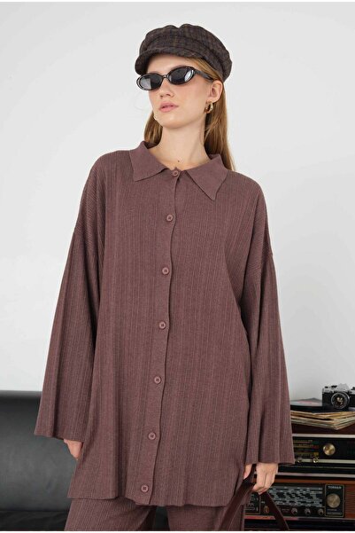 HEQA Кавовий трикотажний кардиган з ребрами