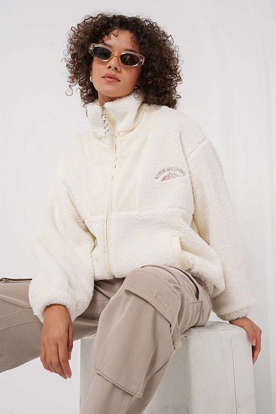 hazelin Women's Ecru Printed Zip-Up Faux Wool Lined Plush Jacket Hzl25W-Fry 151941