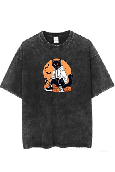DEEFWEAR Halloween Cat Štampano oprana vintage unisex majica