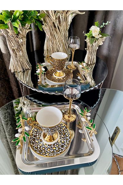 atabey home collection 6 قطع من صينية الزيتون الأخضر الفضية - صينية القهوة والشاي