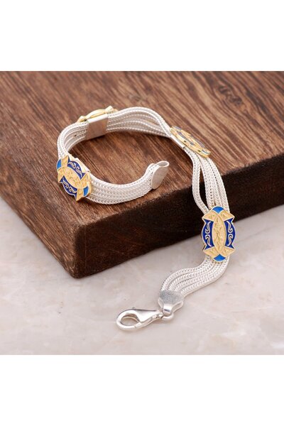 Sümer Telkari Mineli Altın Yaldızlı Midyat Hasırı Gümüş Bileklik 2368