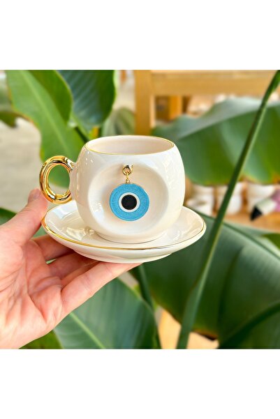 BSK Blue Ceramic Evil Eye Coffee Cup - Handmade
