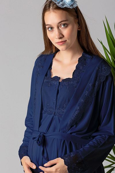 ByLohusa Effortt Navy Blue Maternity Pajama Set with Dressing Gown