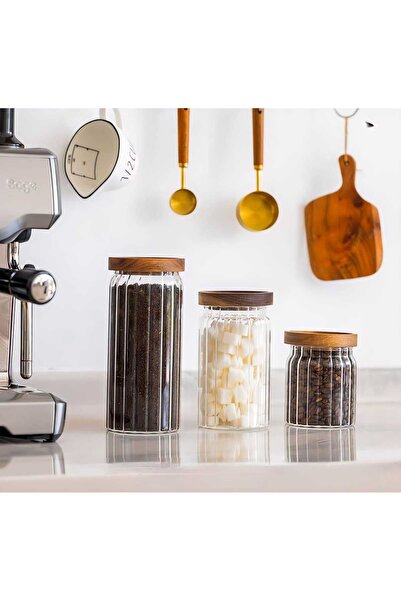 ELZEY HOME طقم برطمانات شاي حلوى قهوة زجاجية بغطاء أكاسيا مكون من 3 قطع