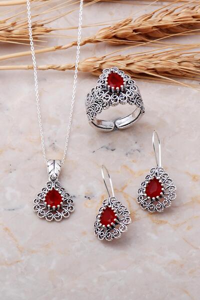 Sümer Telkari Kök Yakut Taşlı Telkari El Yapımı Gümüş Set 1495