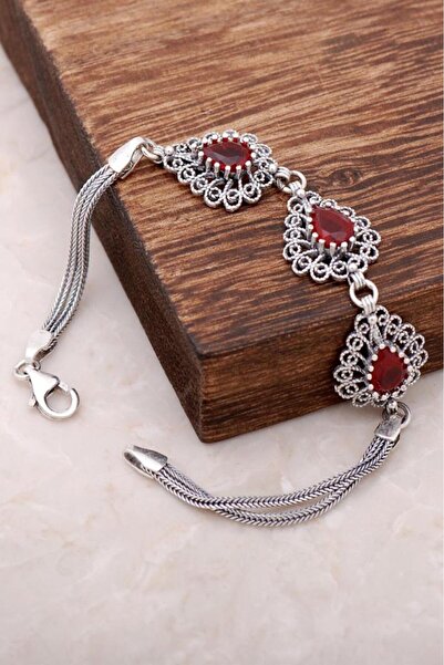 Sümer Telkari Kök Yakut Taşlı Telkari Işlemeli Damla Gümüş Bileklik 2952