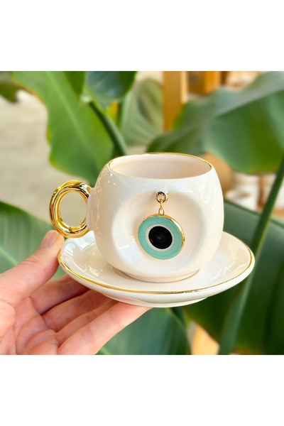 BSK Nile Green Ceramic Evil Eye Coffee Cup - Handmade
