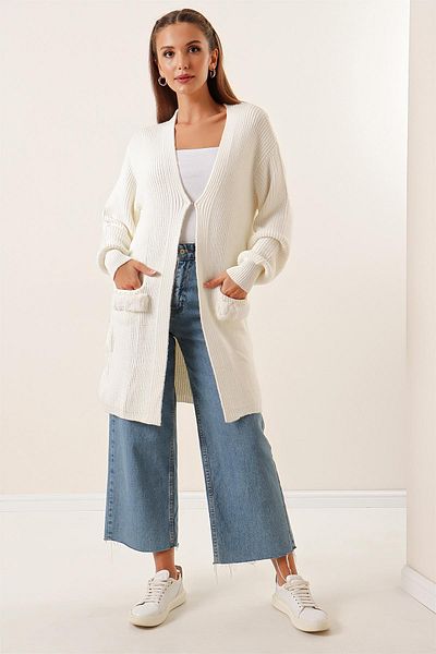 By Saygı Plush Lycra Knitwear Cardigan with Pockets