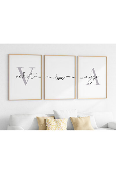 Efsa Sanat Tasarım İsme Özel Minimal Sevgi Bağı Çerçevelği 3'lü Tablo Seti - Çiftlere Özel 3'lü Tablo Seti