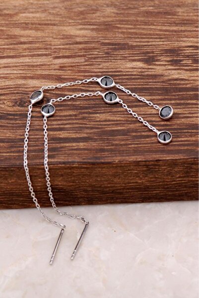 Sümer Telkari Siyah Safir Taşlı Rodyumlu Gümüş Zincir Küpe 4186