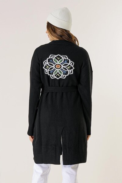 By Saygı Back Embroidered Waist Belted Long Cardigan with Pockets