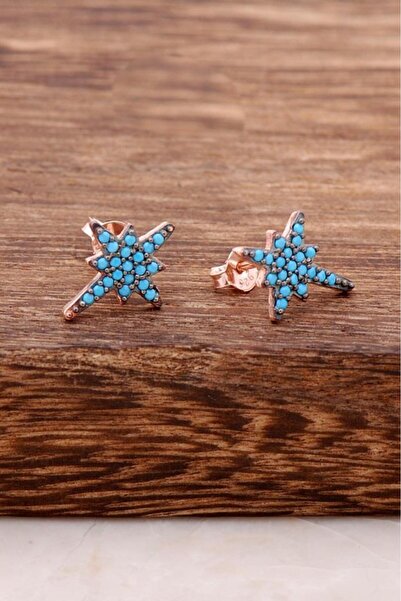 Sümer Telkari Turkuaz Taşlı Kuzey Yıldızı Rose Gümüş Küpe 3777