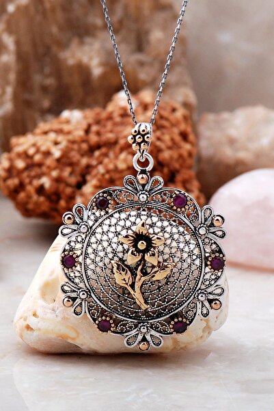 Sümer Telkari Telkari Işlemeli Kök Yakut Taşlı Tasarım Gümüş Kolye 3901