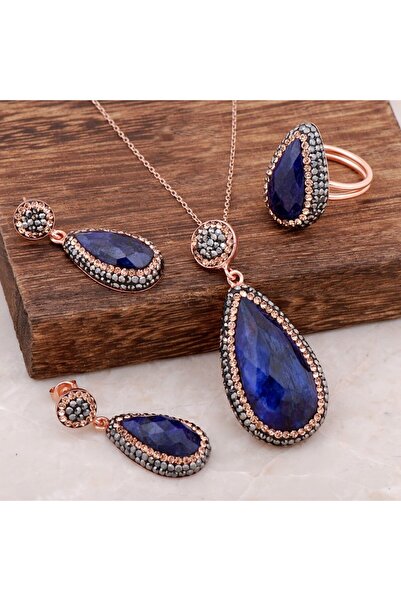 Sümer Telkari Safir Taşlı Tasarım Rose Gümüş Set 1898