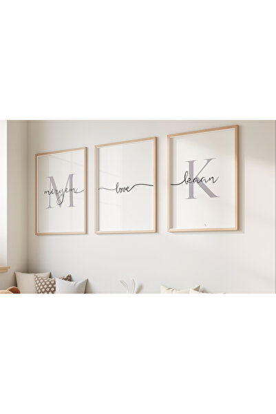 Efsa Sanat Tasarım İsme Özel Minimal Sevgi Bağı Çerçevelği 3'lü Tablo Seti - Çiftlere Özel 3'lü Tablo Seti