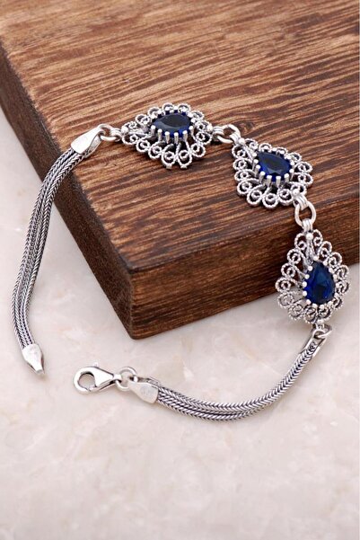 Sümer Telkari Safir Taşlı Telkari Işlemeli Gümüş Bileklik 2957