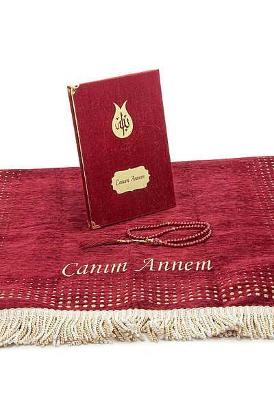 ihvanonline Mother's Day Special Name Embroidered Pearl Rosary Yasin Book Chenille Prayer Rug Set Claret Red