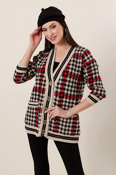 By Saygı Plaid Patterned Acrylic Cardigan with Pockets