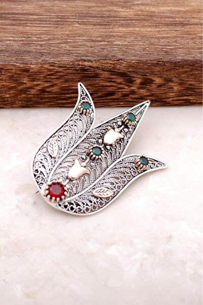 Sümer Telkari Lale Tasarımlı Telkari İşlemeli Gümüş Broş 321