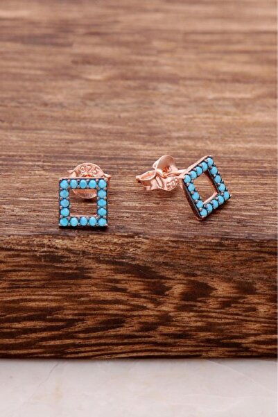 Sümer Telkari Turkuaz Taşlı Kare Tasarım Rose Gümüş Küpe 3781