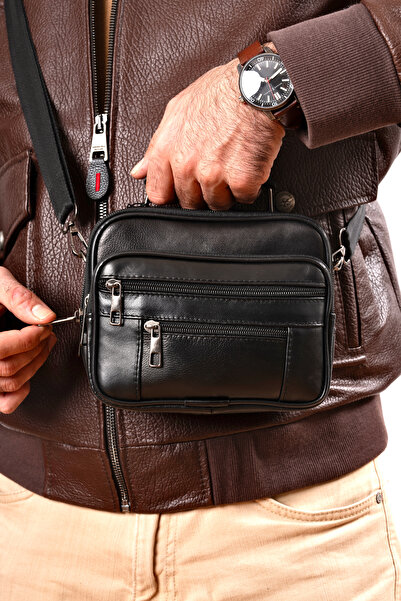 CüzCan Чоловіча чорна горизонтальна модель зі сталевим каркасом, натуральна шкіра, ручна та плечова сумка середнього розміру