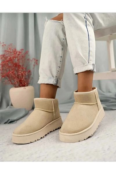 Özkan Ayakkabı Mini Cream Suede Ankle Boots with Feather Inside Flat Sole Women's Shoes