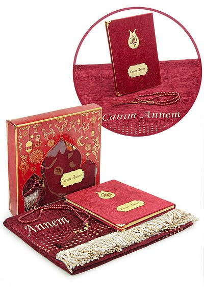 ihvanonline Mother's Day Special Name Embroidered Pearl Rosary Yasin Book Chenille Prayer Rug Set Claret Red