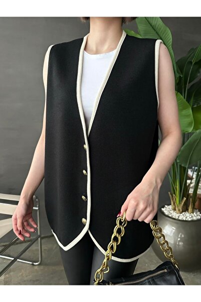 My Blog Black-Cream Ribbed 4-Button Solid Long Vest- 231022