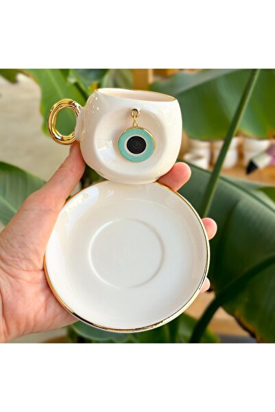 BSK Nile Green Ceramic Evil Eye Coffee Cup - Handmade