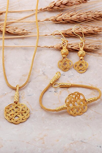 Sümer Telkari Aşk Düğümü Kazaziye El Sarması Altın Yaldızlı Gümüş Set 1410