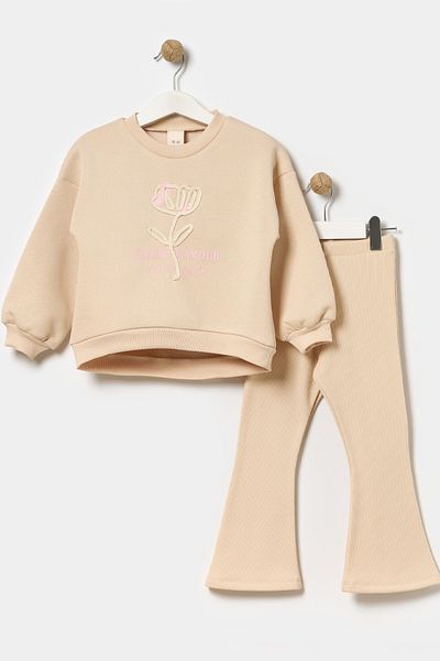 Monila Girl's Printed Raised Embroidery Detailed 3 Yarn Fabric Ribbed Leggings Bottoming Set