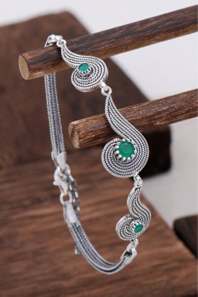 Sümer Telkari Kök Zümrüt Taşlı Tasarım Telkari Gümüş Bileklik 3125