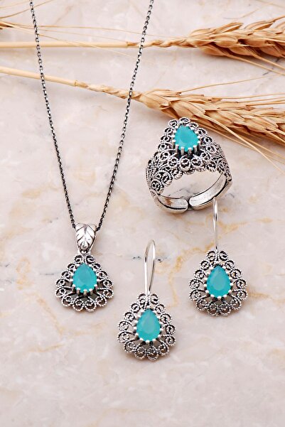 Sümer Telkari Telkari İşlemeli Kalsedon Taşlı Gümüş Damla Set 1888