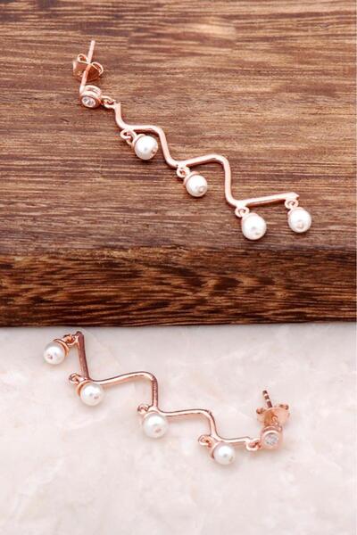 Sümer Telkari İnci Taşlı Rose Gümüş Zigzag Tasarım Küpe 2154