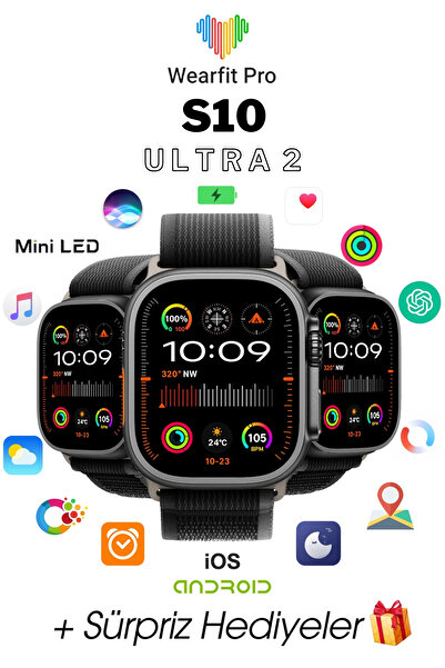wearfit WEARFİT S10 ULTRA 2 7 KORDONLU  Akıllı Kol Saati  MİNİLED Ekran (SİYA...