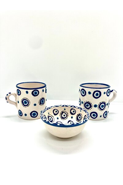 Store Handmade Evil Eye Beaded Double Turkish Coffee Presentation White