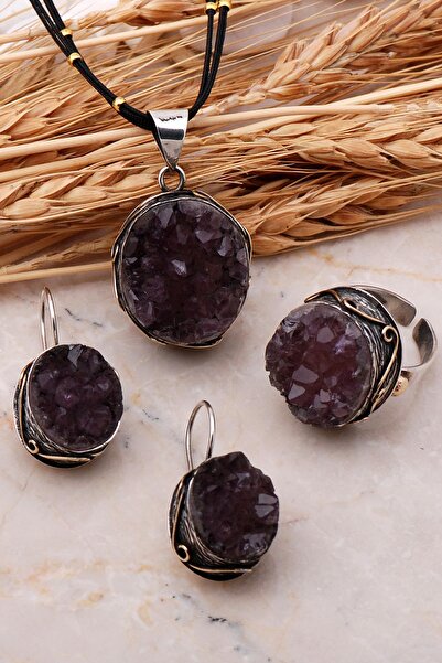 Sümer Telkari Doğal Ametist Taşlı Elişi Gümüş Set 2451