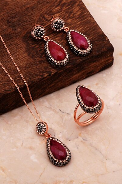 Sümer Telkari Rose Gümüş Kök Yakut Damla Set 2188