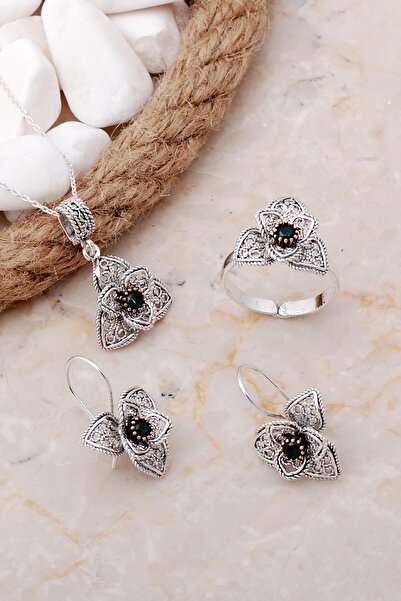 Sümer Telkari Açelya Çiçeği Zümrüt Taşlı Telkari Elişi Gümüş Set 2546