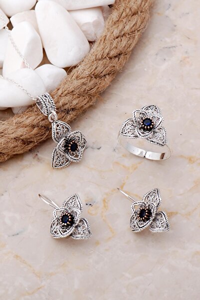 Sümer Telkari Açelya Çiçeği Safir Taşlı Telkari Elişi Gümüş Set 2548