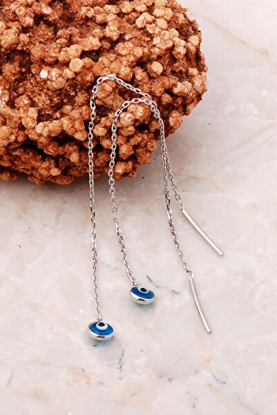 Sümer Telkari Nazar Boncuklu Gümüş Zincir Küpe 5201