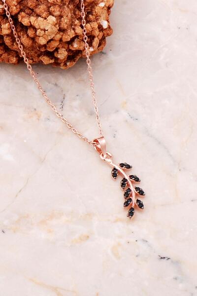 Sümer Telkari Yaprak Model Rose Gümüş Siyah Taşlı Kolye 7119