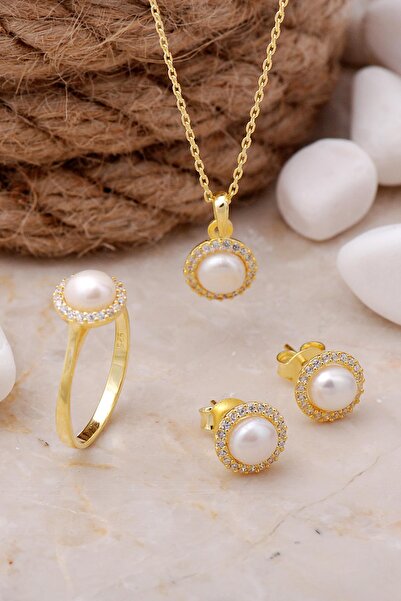 Sümer Telkari İnci Taşlı Altın Yaldızlı Gümüş Trend Üçlü Set 2491