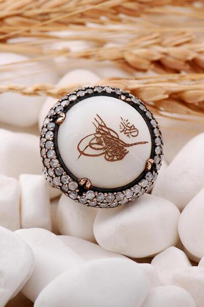 Sümer Telkari Osmanlı Tuğralı Sedef Taşlı Elişi Gümüş Yüzük 69