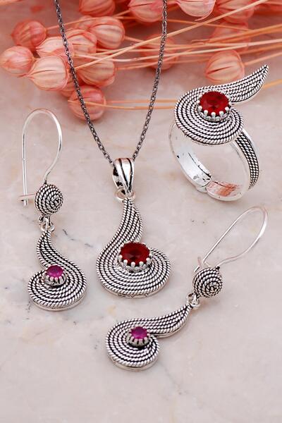 Sümer Telkari Telkari Tasarım Kök Yakut Taşlı Elişi Gümüş Set 05